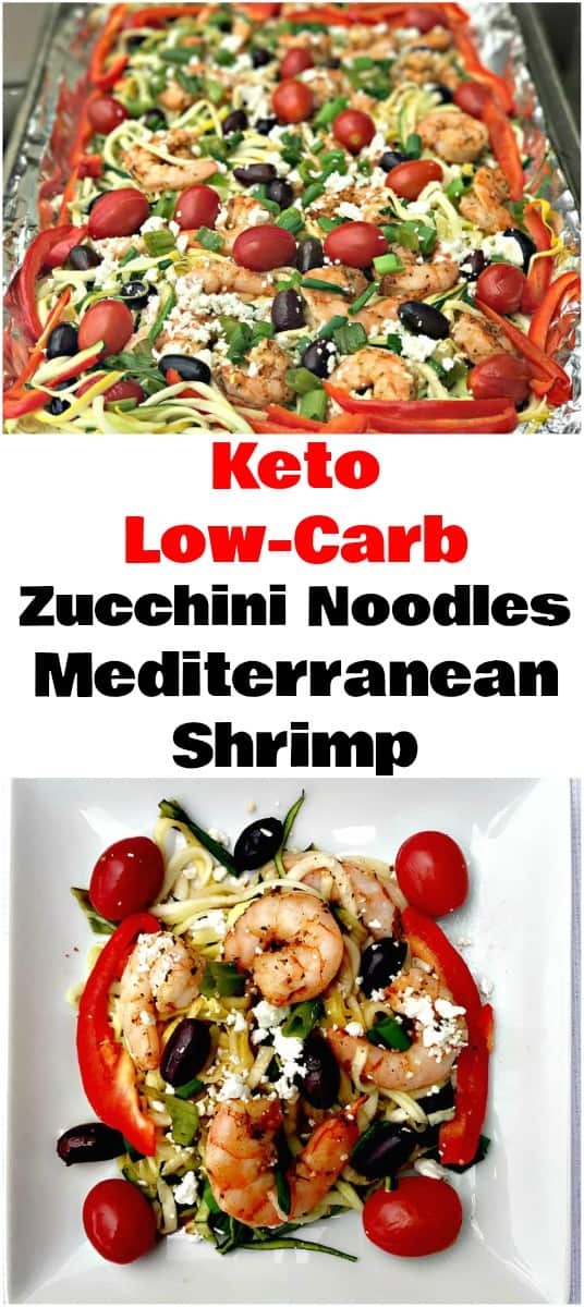 Low-Carb Keto Sheet-Pan Mediterranean Shrimp with Zucchini Noodles (Zoodles) is a quick and easy recipe that is perfect for ketogenic diets with only 7 net carbs per serving. This dish has spiralized zucchini, olives, and feta cheese. Perfect for meal prep! #Keto #KetoDiet #KetoRecipes #LowCarb #LowCarbRecipes