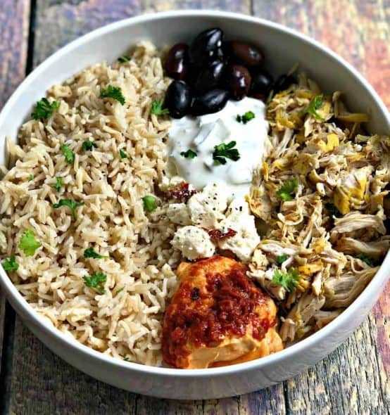mediterranean chicken bowl mediterranean chicken bowl in a white bowl