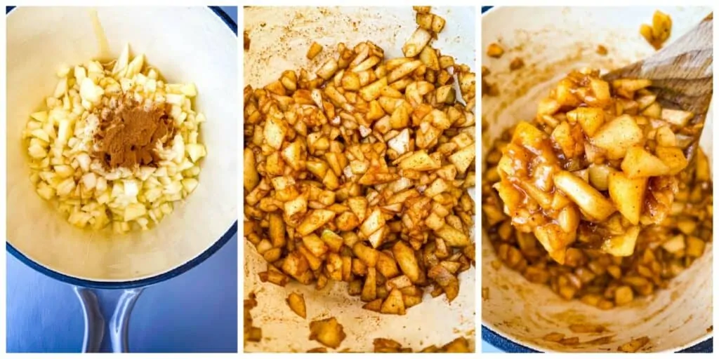 a collage of 3 photos showing apple filling cooked in a saucepan