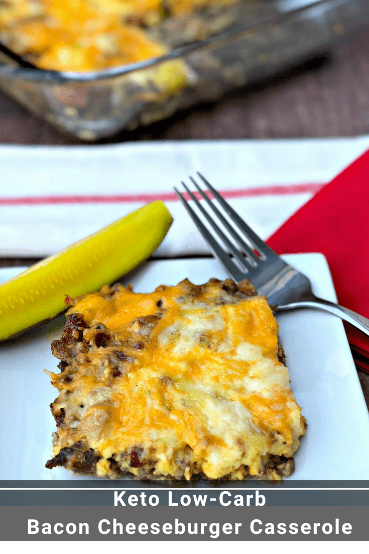 Easy Keto Low-Carb Bacon Cheeseburger Casserole is a simple ground beef recipe that resembles a hamburger pie! With only 2 grams of carbs, this dish is loaded up with creamy, melted cheese, cream cheese, mustard, worcestershire sauce for burger flavor. You can even serve this dish for breakfast. #Keto #KetoRecipes #LowCarb #LowCarbRecipes