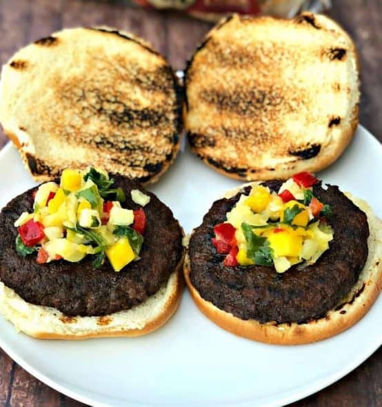 salsa burgers grilled burgers with tropical salsa on a plate