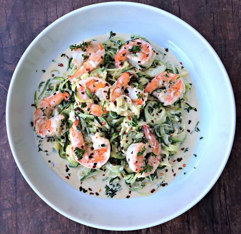 Keto LowCarb Creamy Garlic Shrimp Alfredo Zucchini Noodles (Zoodles)
