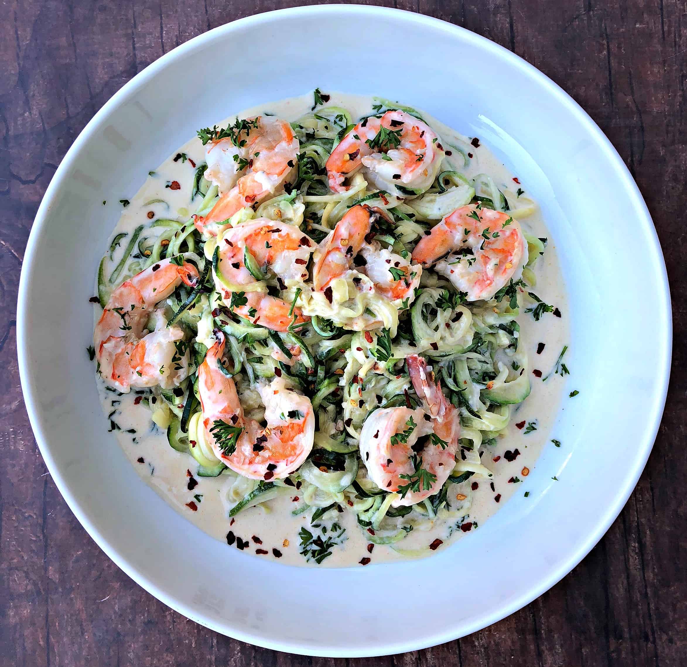 Keto LowCarb Creamy Garlic Shrimp Alfredo Zucchini Noodles (Zoodles)