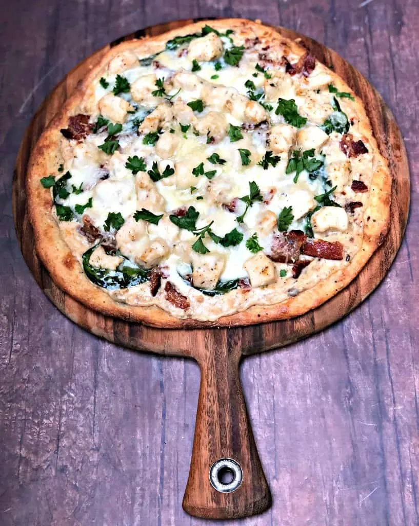 keto fathead alfredo bacon chicken pizza on a pan