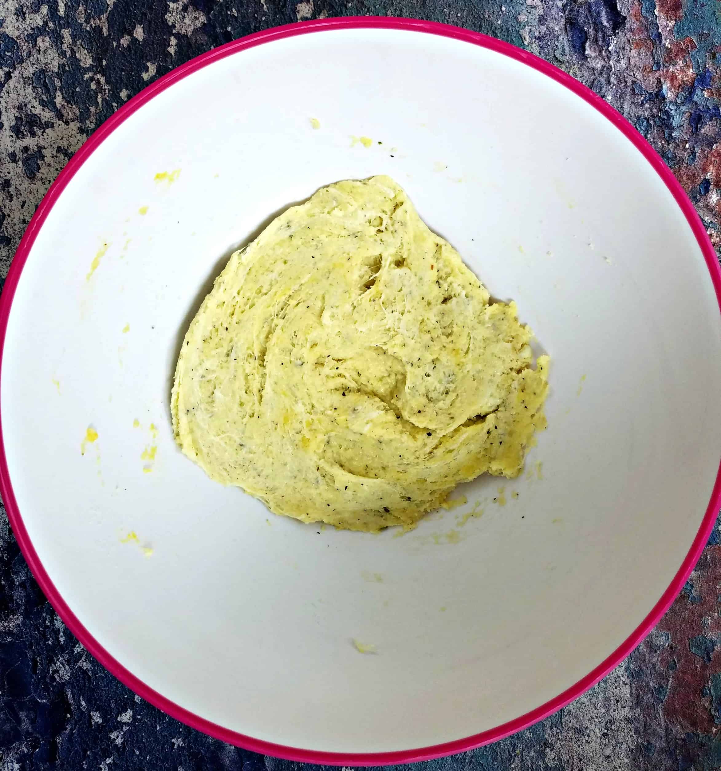 keto fathead pizza crust dough in a mixing bowl