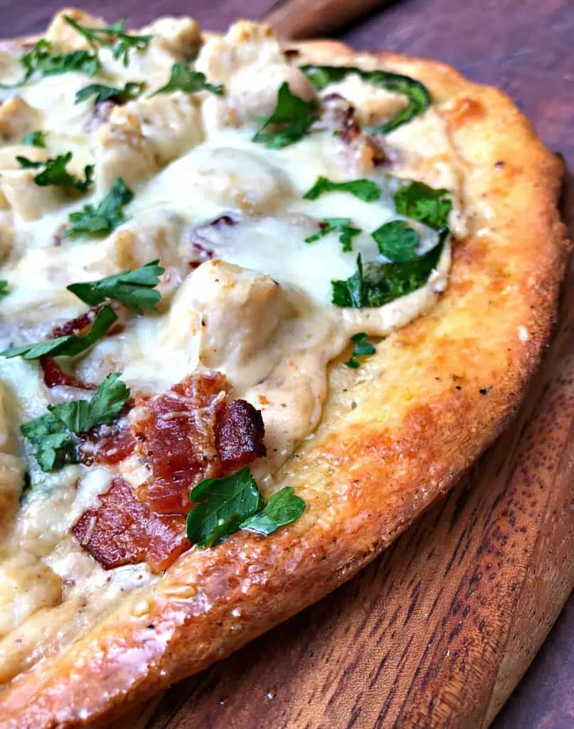 keto fathead alfredo bacon chicken pizza on a pan