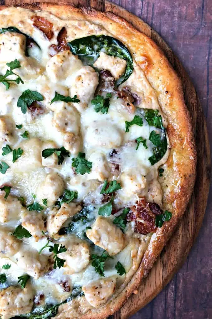 keto fathead alfredo bacon chicken pizza on a pan