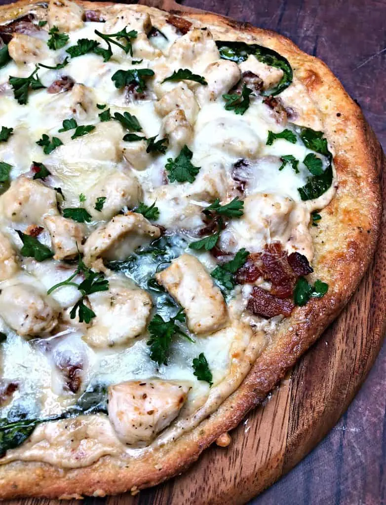 keto fathead alfredo bacon chicken pizza on a pan