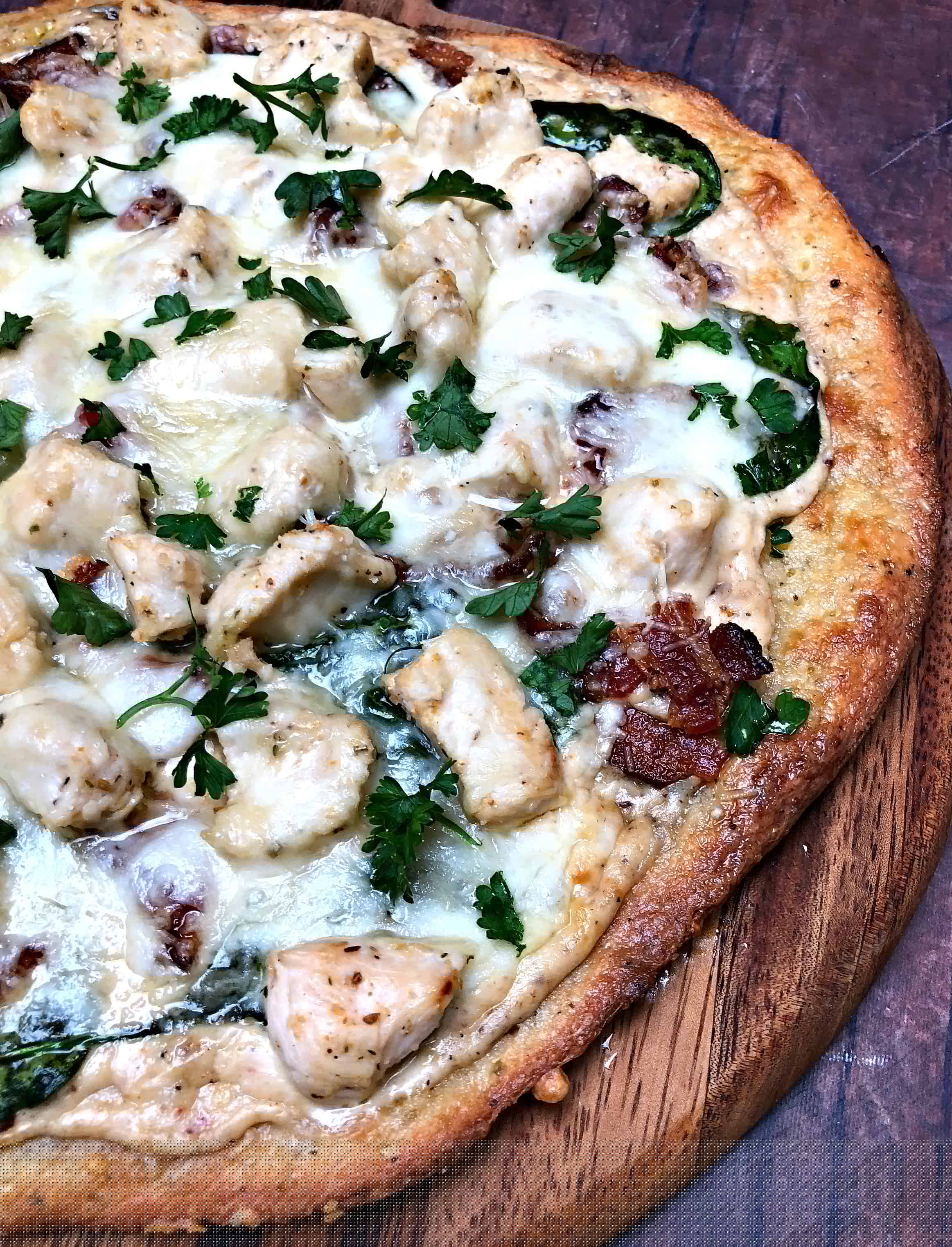 keto fathead alfredo bacon chicken pizza on a pan