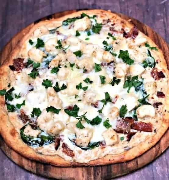 alfredo pizza keto fathead alfredo bacon chicken pizza on a pan