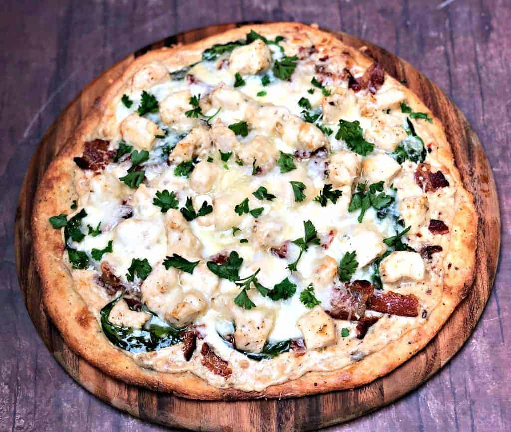 keto fathead alfredo bacon chicken pizza on a pan