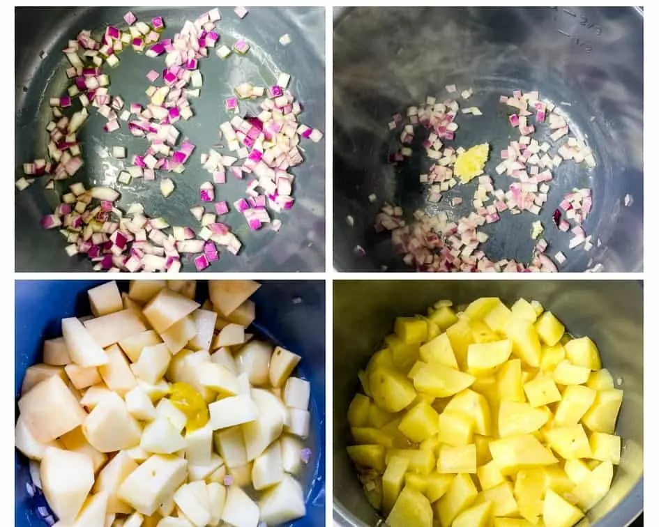 collage photo of 4 photos showing how to make Instant Pot potato soup