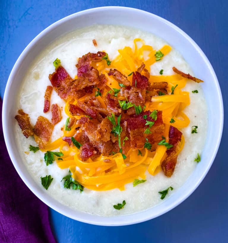 instant pot potato soup with bacon and cheese in 3 bowls
