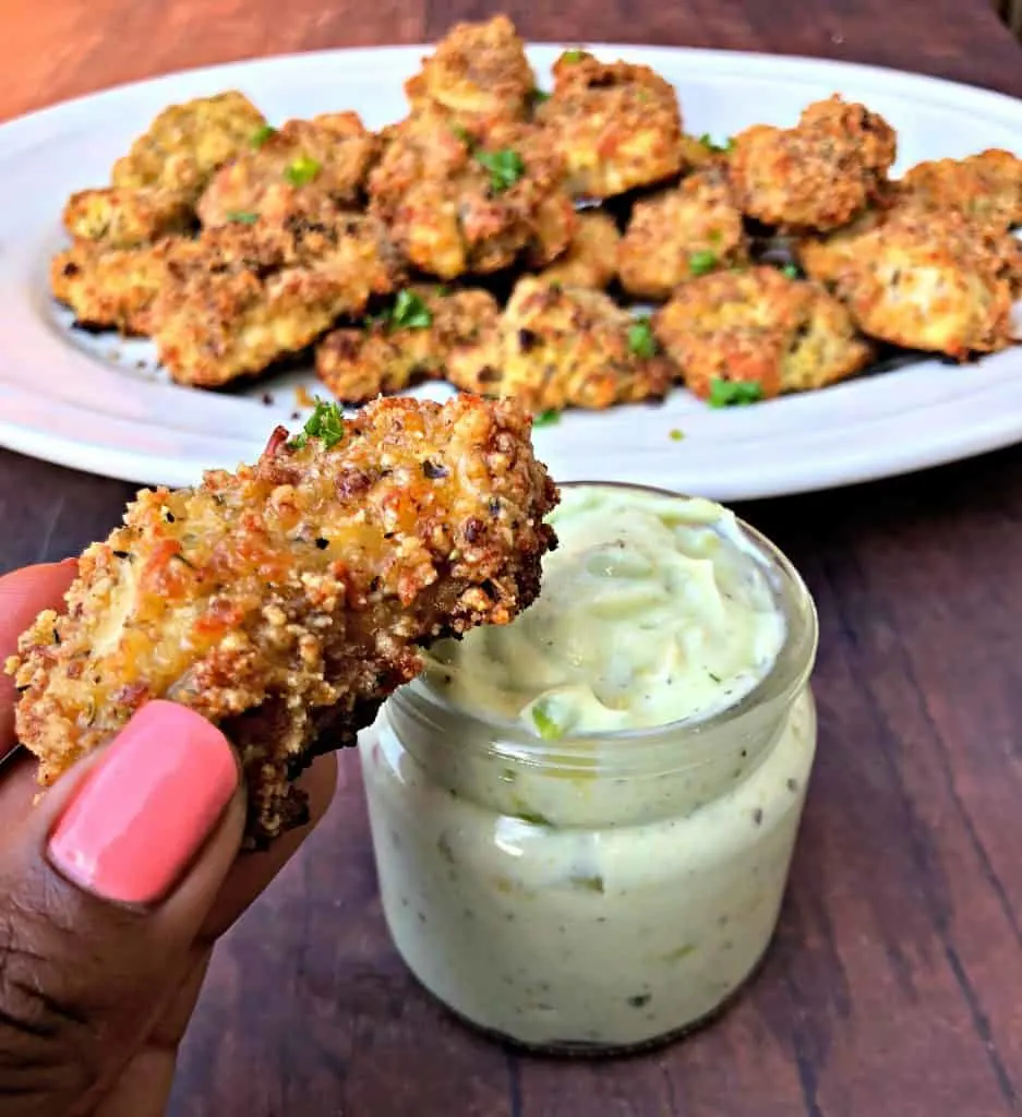 2 keto bacon chicken nuggets with avocado ranch dipping