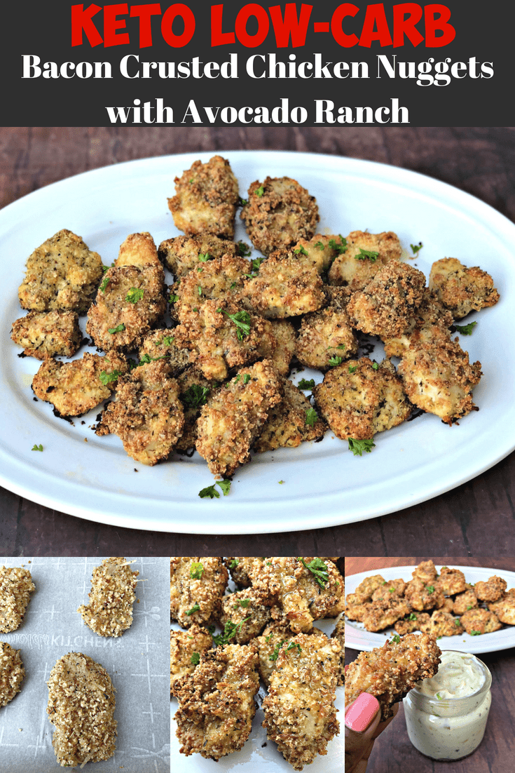 Keto Low-Carb Bacon Parmesan Crusted Chicken Nuggets is a quick and easy recipe perfect for tenders, strips, or chicken fingers. This dish is ketogenic, great for ketosis, family, and kid-friendly. Serve them baked or fried. #KetoRecipes #KetoDiet #Keto