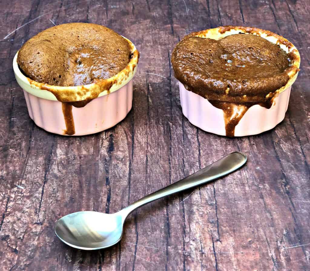 keto peanut butter chocolate chip mug cake in pink bowls