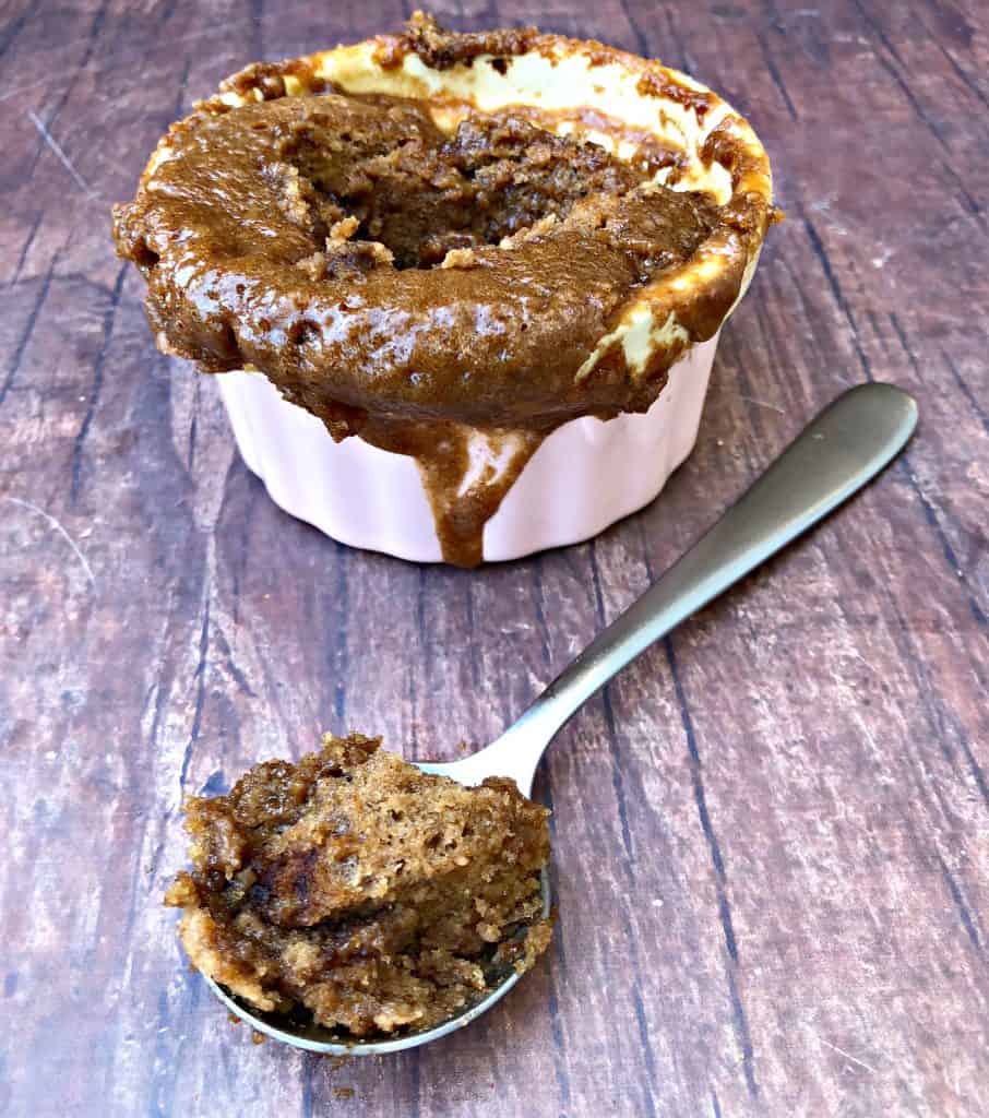 keto peanut butter chocolate chip mug cake in pink bowl