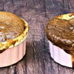 2 servings of keto peanut butter chocolate chip mug cake in pink ramekins