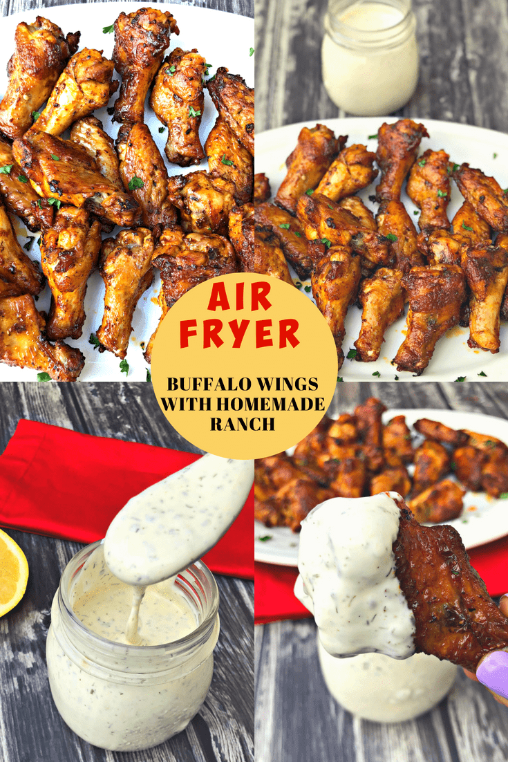 Air Fryer Crispy Buffalo Chicken Hot Wings (Keto Low-Carb) is a quick and easy recipe that uses a marinade and dry rub to perfectly season the chicken. A recipe for homemade keto ranch dressing is also included. These wings have less than 1 gram of carbs per serving! You decide whether you prefer mild wings or spicy. These wings are low-fat, ketogenic, gluten-free, and perfect for ketosis diets. #AirFryer #AirFryerRecipes #Keto #KetoRecipes #KetoDiet