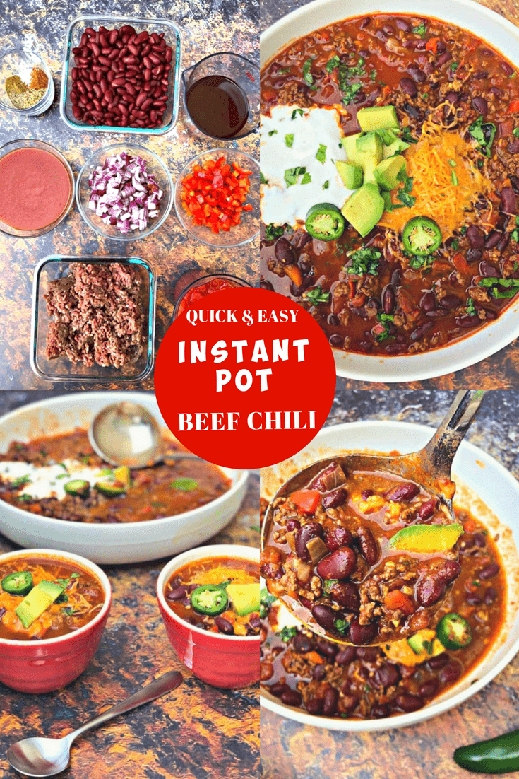 Quick and Easy Instant Pot Beef Chili is the best pressure cooker recipe you will find! This chili is made with ground beef and is the perfect comfort food healthy meal. It is perfect for weeknight dinners and is also freezer-friendly. Pick your favorite beans, kidney beans, black beans, or whatever you like! #InstantPot #InstantPotRecipes