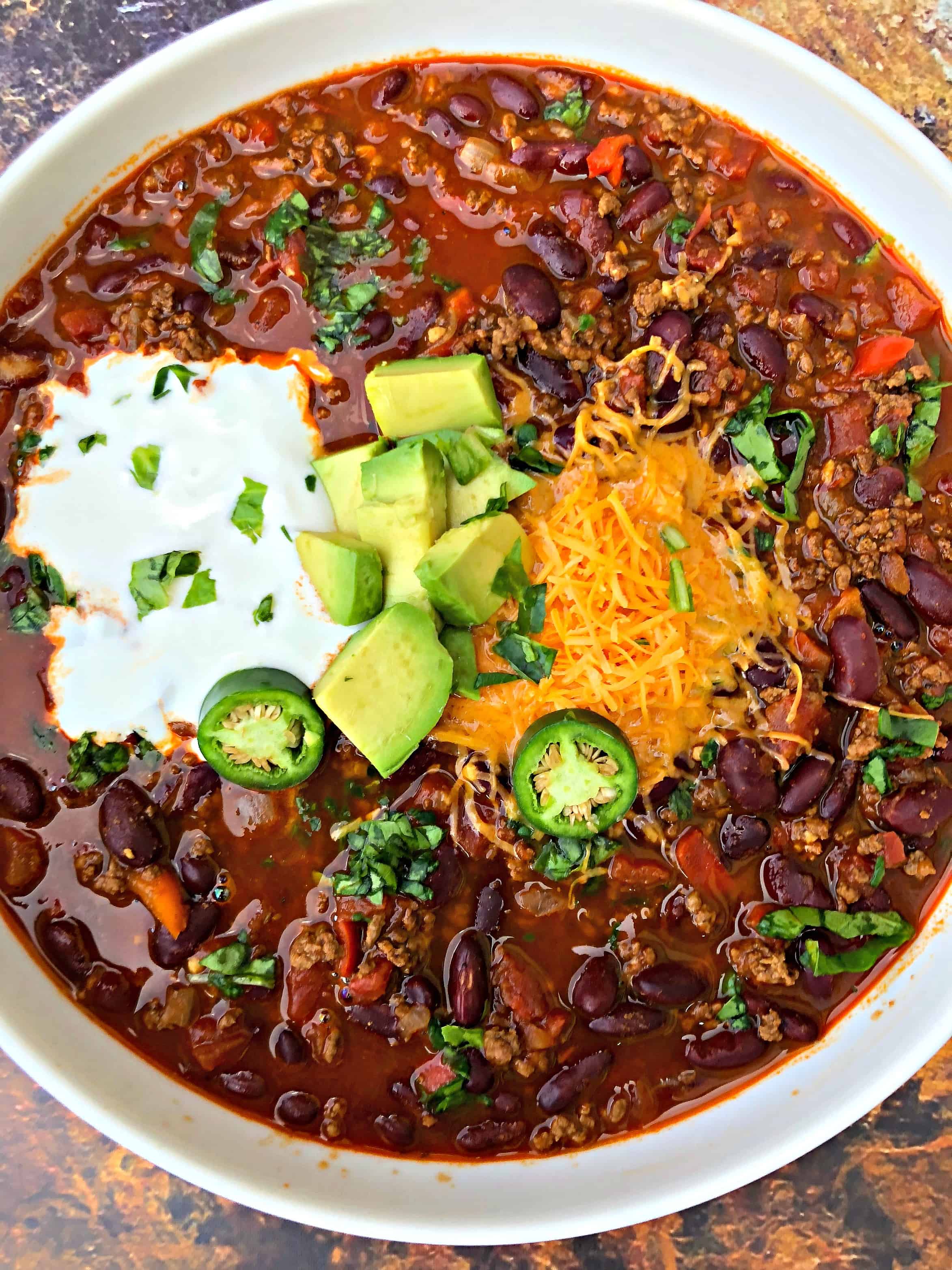 Instant Pot beef chili in a white bowl