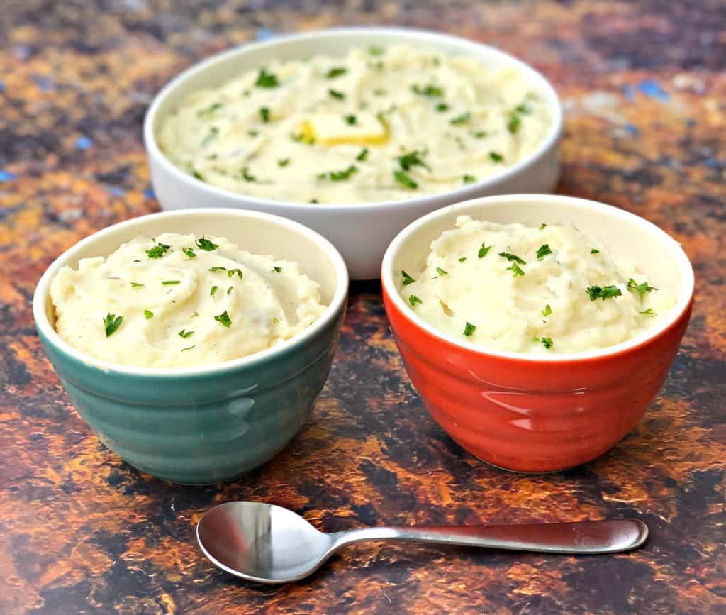 instant pot mashed potatoes in 3 bowls