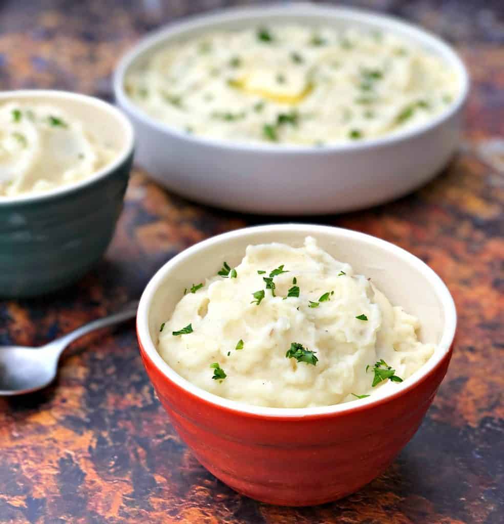 instant pot mashed potatoes in 3 bowls