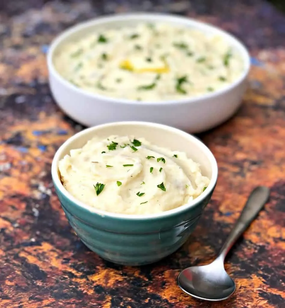 instant pot mashed potatoes in 2 bowls