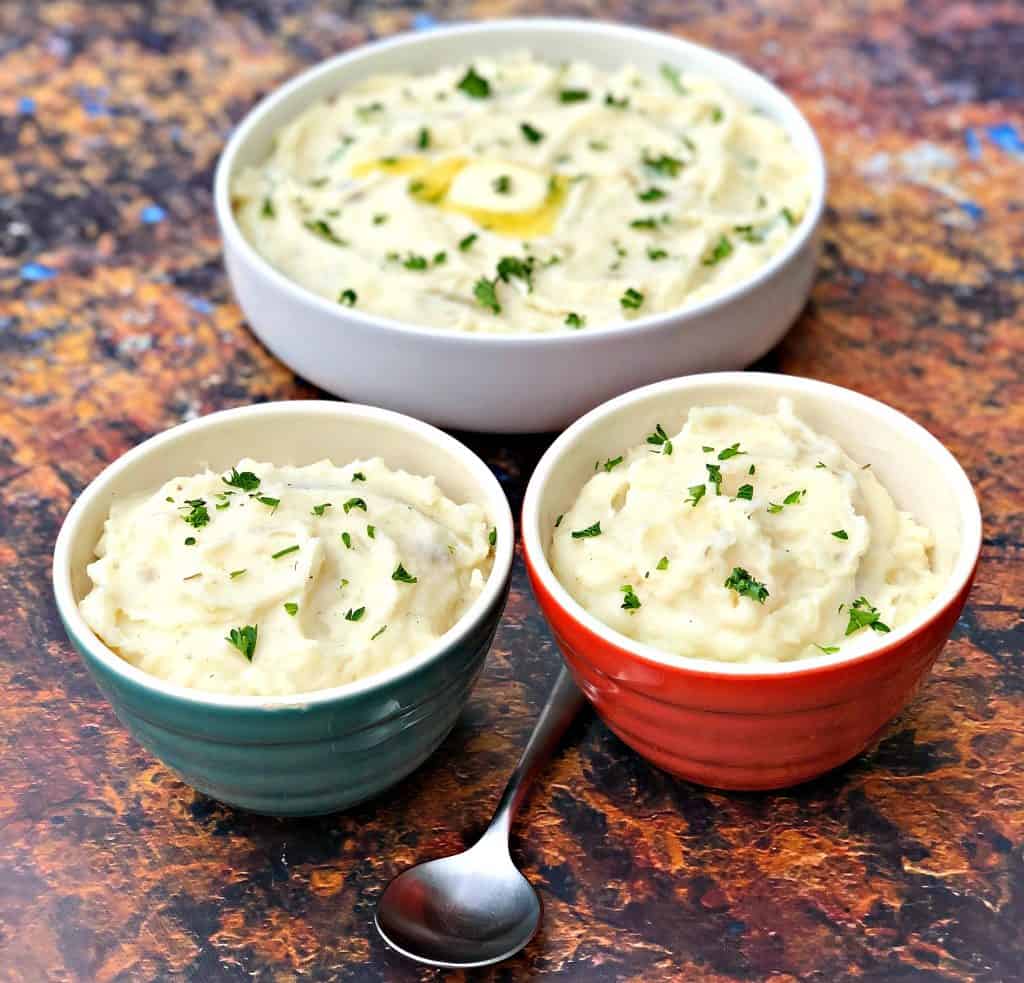 instant pot mashed potatoes in 3 bowls