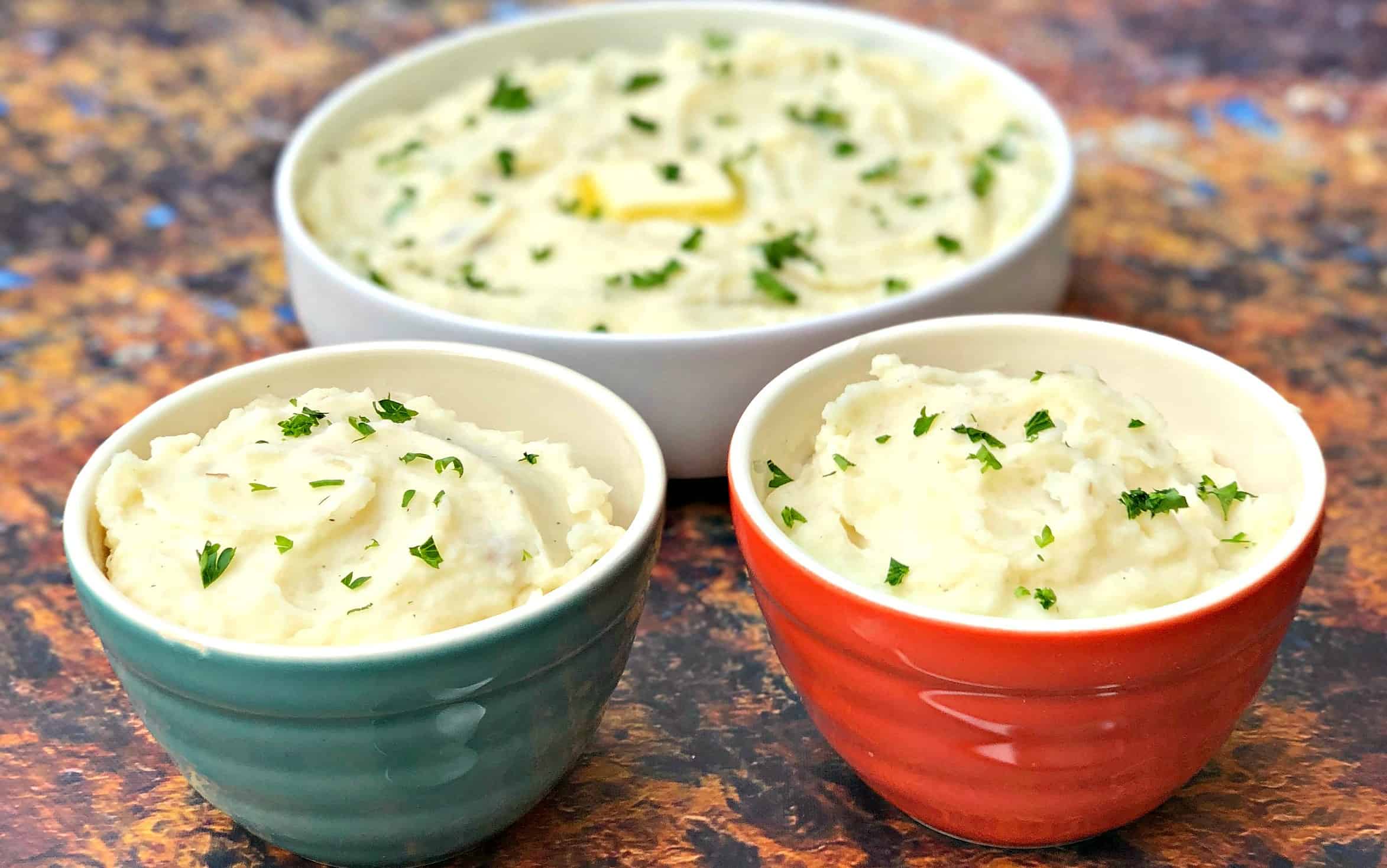 instant pot mashed potatoes in 3 bowls