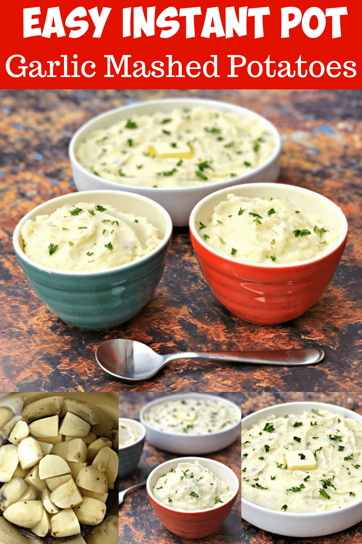 Quick and Easy Instant Pot Garlic Mashed Potatoes with cream cheese and sour cream is a recipe that will show you how long to pressure cook mashed potatoes in the Instant Pot. Serve this side dish for a holiday crowd using five pounds of russet or red potatoes or dinner for two using two pounds of potatoes. #InstantPot #InstantPotRecipes