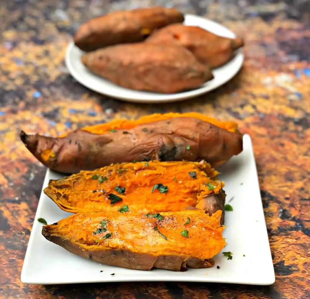 instant pot sweet potatoes on a white plate