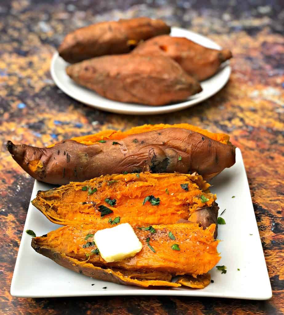 instant pot sweet potatoes on a white plate