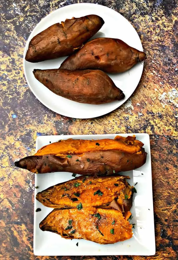 instant pot sweet potatoes on a white plate