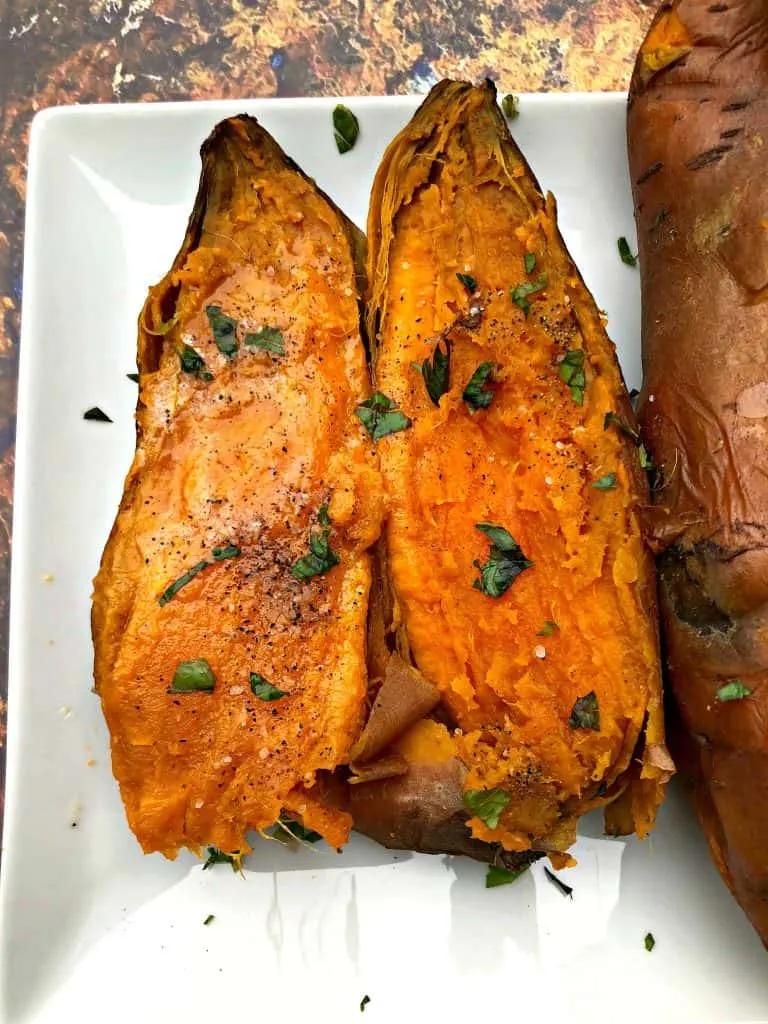 instant pot sweet potatoes on a white plate