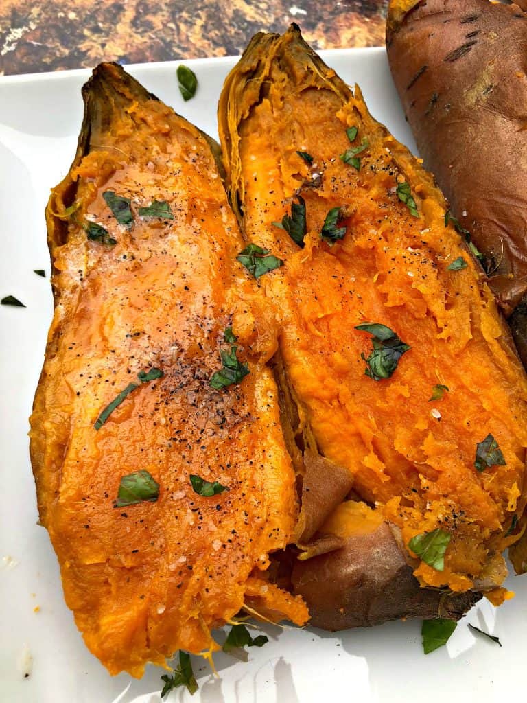 instant pot sweet potatoes on a white plate