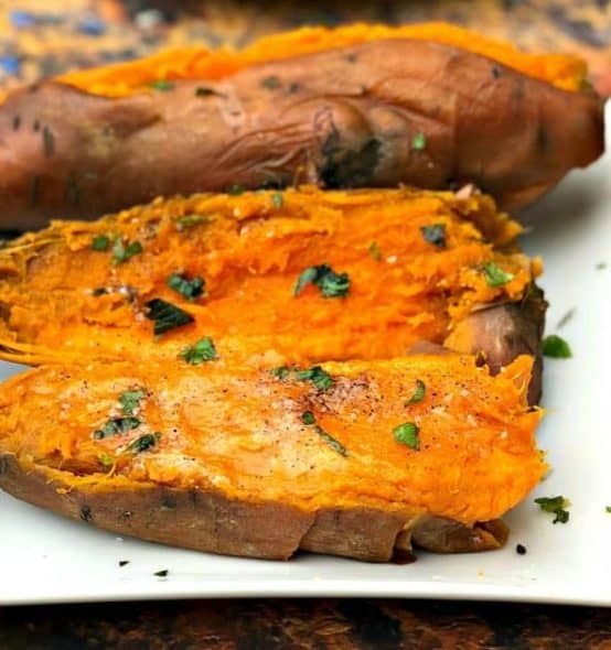 instant pot sweet potatoes header instant pot sweet potatoes on a white plate