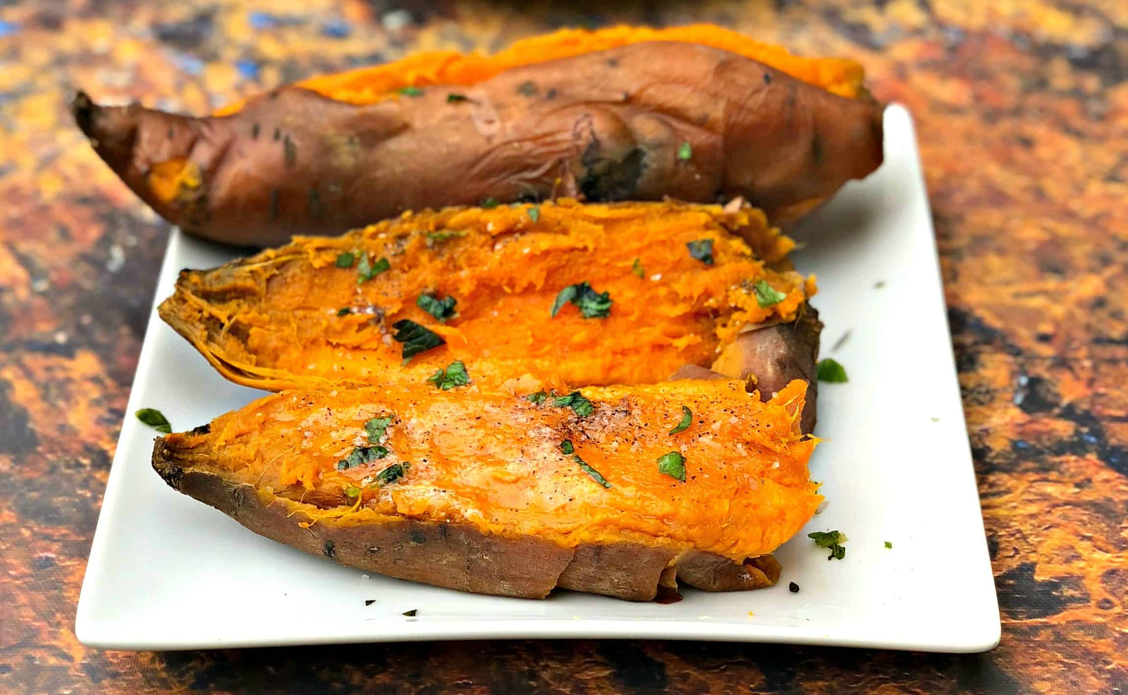 instant pot sweet potatoes on a white plate