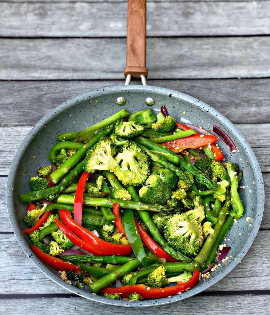 low carb vegetable stir fry in a skillet