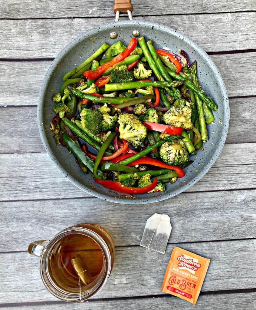 low carb vegetable stir fry in a skillet