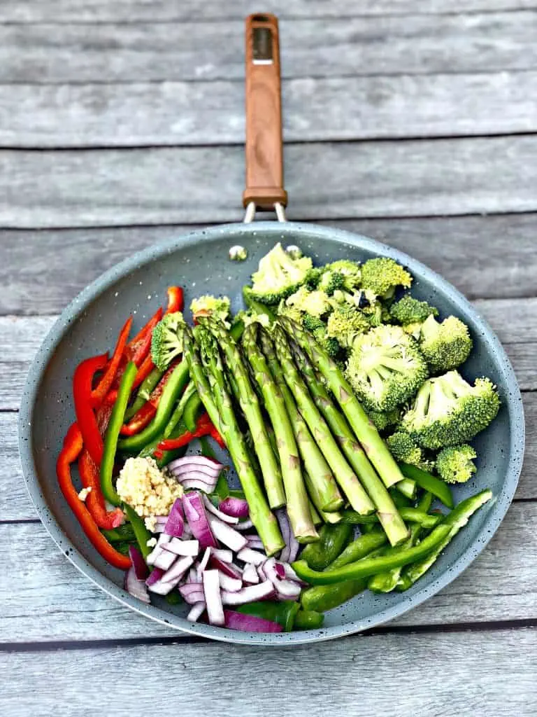 low carb vegetable stir fry in a skillet