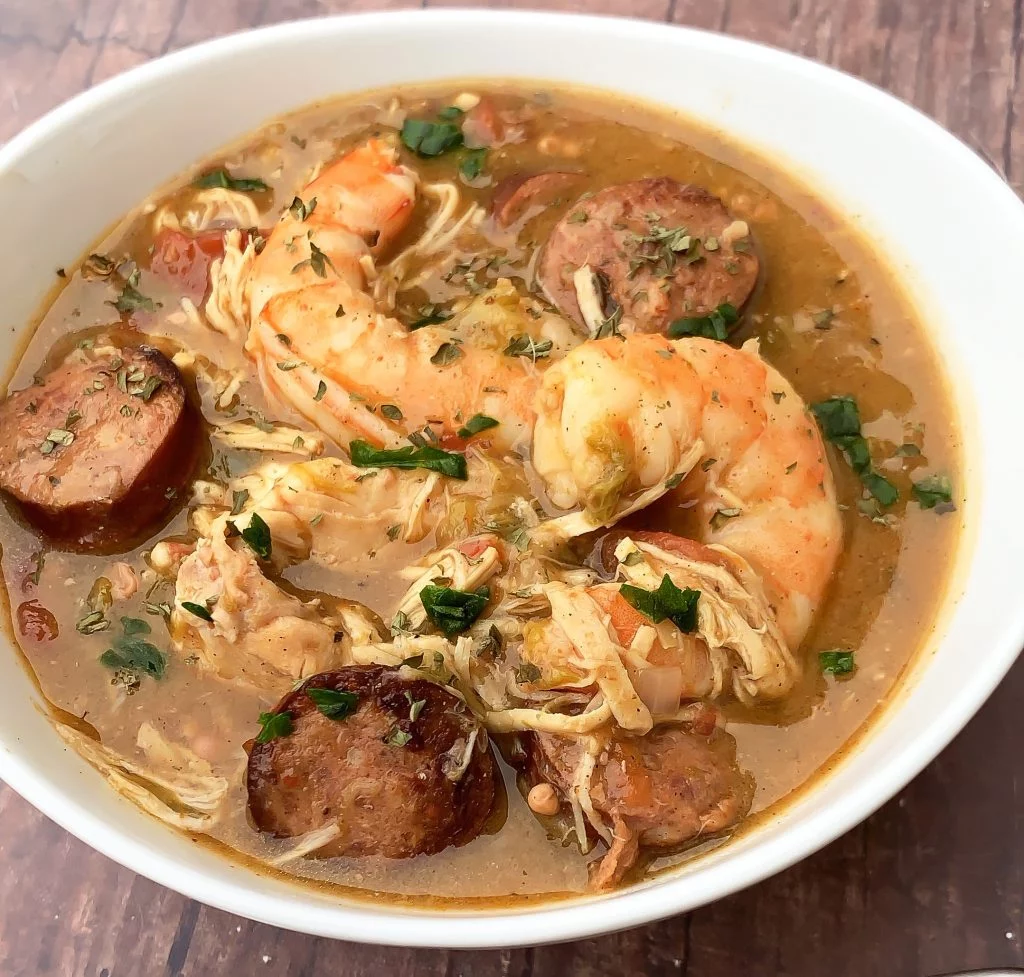 chicken and seafood instant pot gumbo in a white bowl