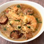 chicken and seafood instant pot gumbo in a white bowl