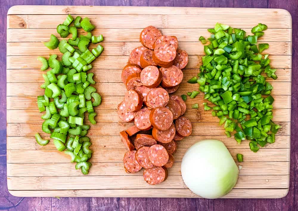 chopped celery, onions, and sausage for Instant Pot Gumbo