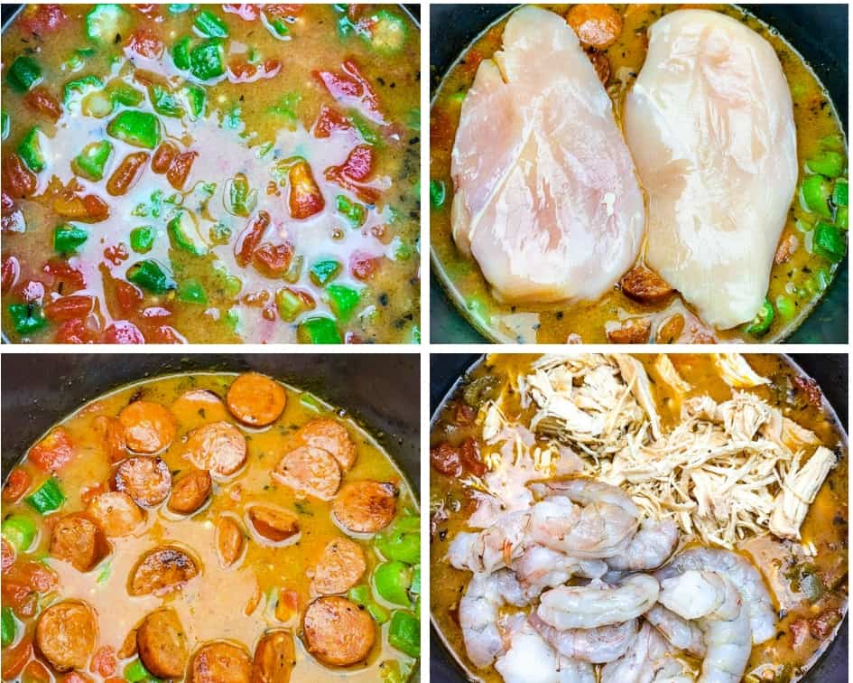 collage photo of 4 photos of chicken breasts in an Instant Pot for gumbo