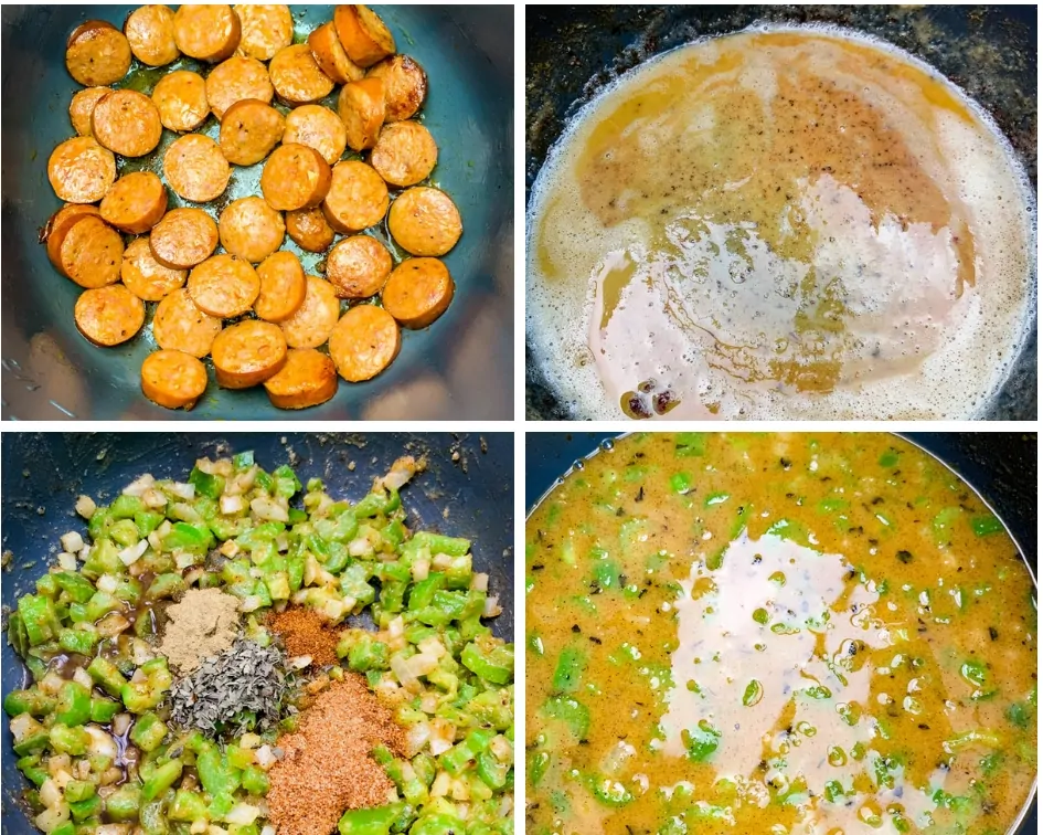 4 collage photos of sausage cooking in an Instant Pot, roux for gumbo, and chopped vegetables in an Instant Pot