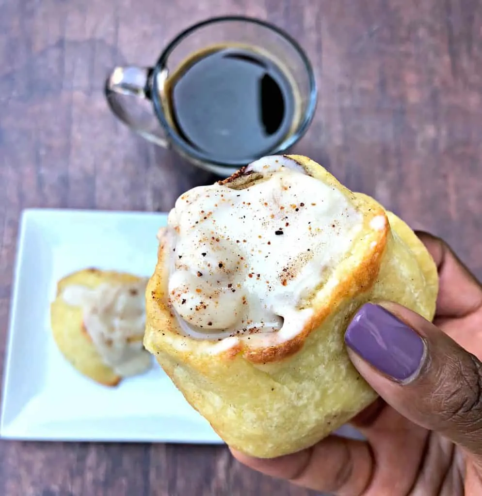 keto fathead cinnamon rolls on a white plate