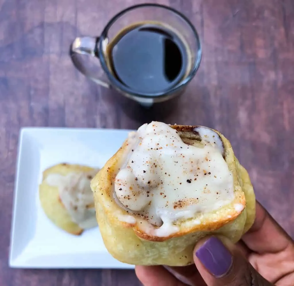 keto fathead cinnamon rolls on a white plate