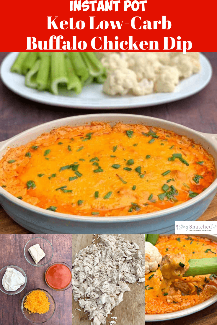 Easy Slow-Cooker or Instant Pot Low-Carb Buffalo Chicken Dip is the perfect skinny crockpot appetizer recipe with cream cheese and Frank's Red Hot Buffalo sauce perfect for holidays, the Superbowl, game day, tailgates, parties, and events. #SlowCookerBuffaloChicken #SlowCookerRecipes #CrockPot #CrockPotRecipes #LowCarb #LowCarbRecipes #Dips #Appetizers #InstantPotBuffaloChicken