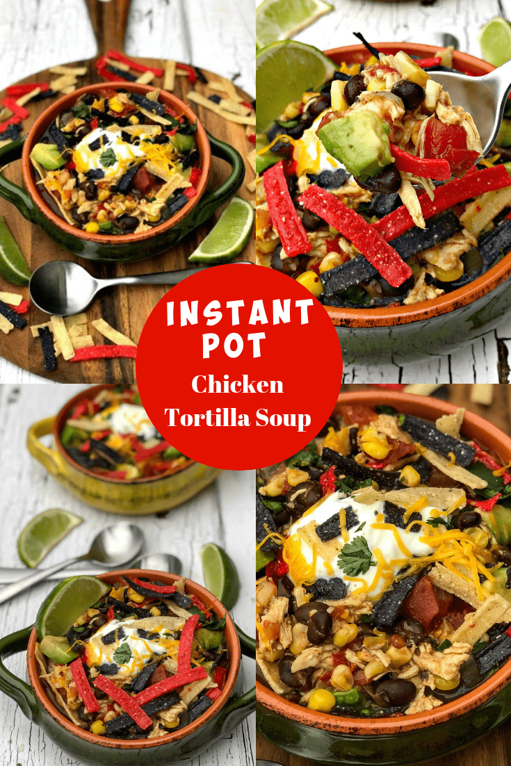 Easy, Instant Pot Chicken Tortilla Soup is a quick and easy 20-minute pressure cooker recipe with tortilla strips, avocado, Greek yogurt, shredded cheese, black beans, and cilantro. This meal is perfect for weeknight dinners, meal prep, and freezer meals. Toss your favorite salsa on the soup if you wish! If you wish to make this low-carb and keto, simply omit the beans and tortilla! If strict keto, omit the corn as well. #InstantPot #InstantPotRecipes #ChickenTortillaSoup